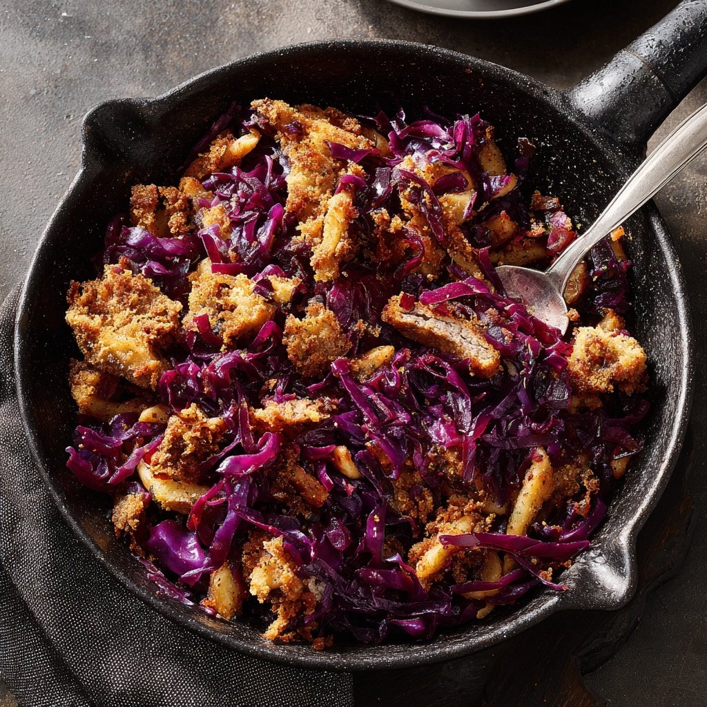 Winter-Schupfnudelpfanne mit Rotkohl und Mock Duck