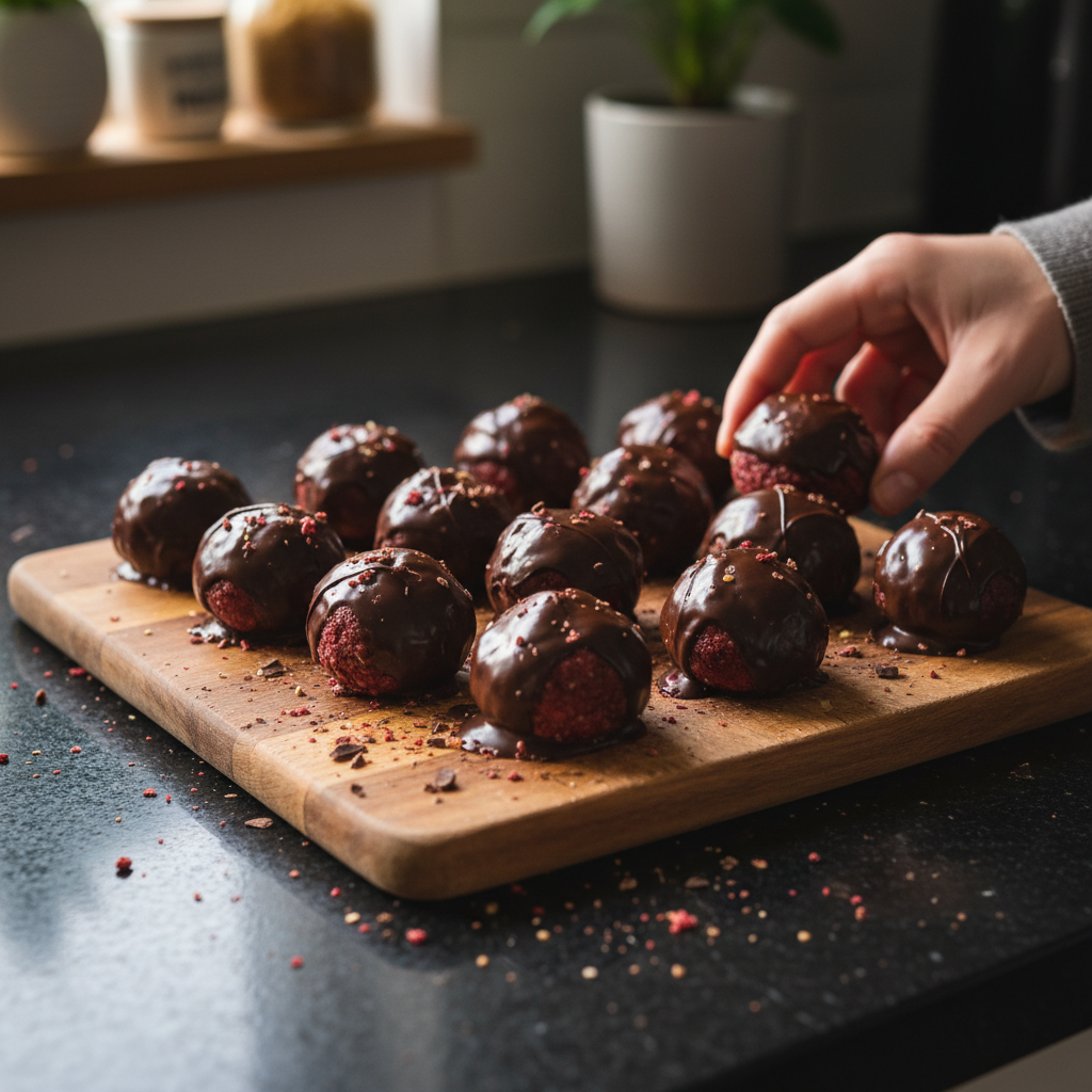 Schokoladenüberzogene Erdbeer Energy Bites