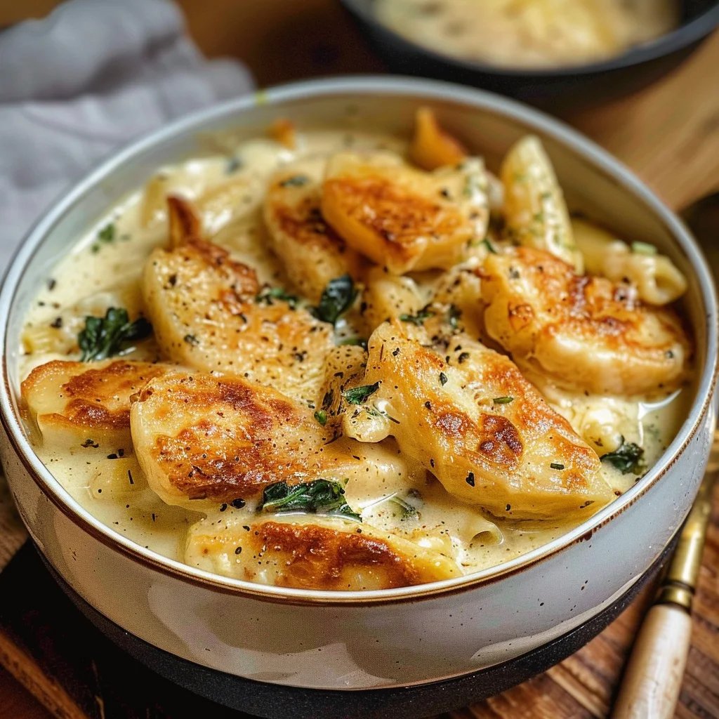 Cremiger Spinathähnchen-Nudelauflauf