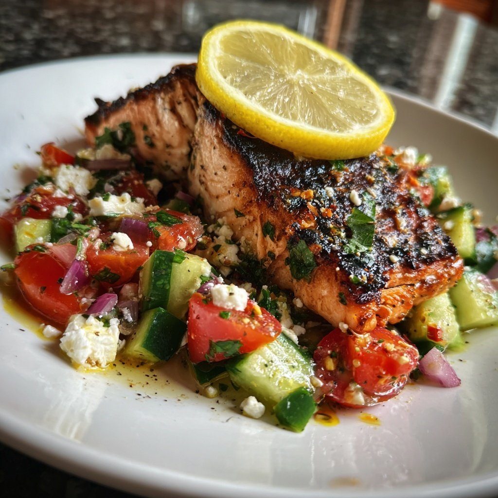 Gegrillter Lachs Griechischer Salat