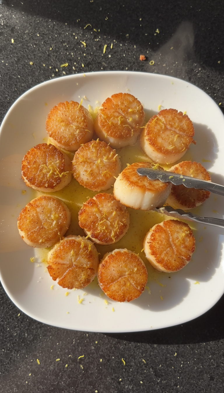 Zitronenabrieb Gebratene Jakobsmuscheln​